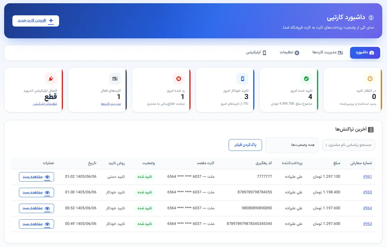 داشبورد آماری افزونه کارتپی با نمایش آخرین تراکنشها